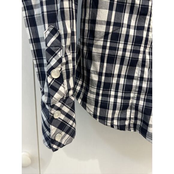 Guess Jeans BLUE/WHITE Checkered Pearl Snap Long Sleeve Shirt Women’s Sz L - Picture 5 of 11